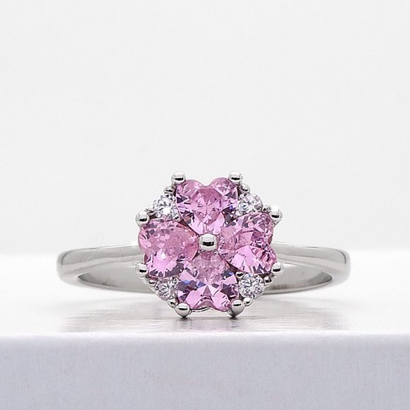 Pink 4 Leaf Clover Cubic Zirconia Ring, Sterling Silver Stamped 925, Size 6 - Picture 4 of 10